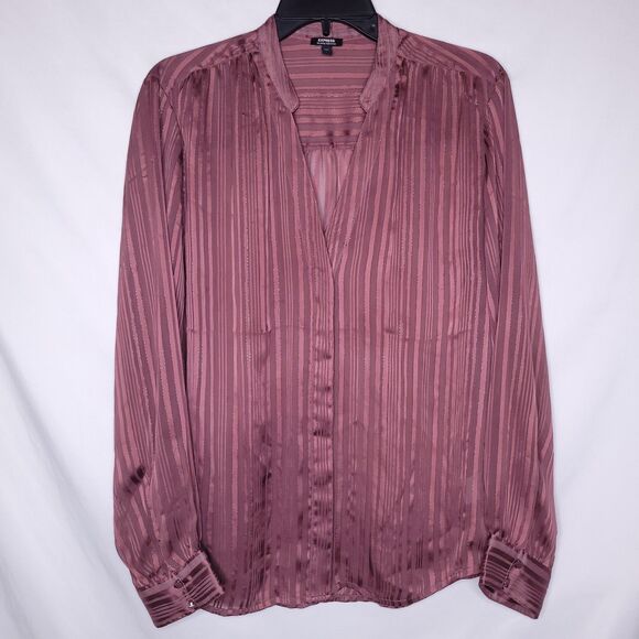 Express Portofino Shirt Womens Large Striped Burgundy Sheer Relaxed - Picture 1 of 11